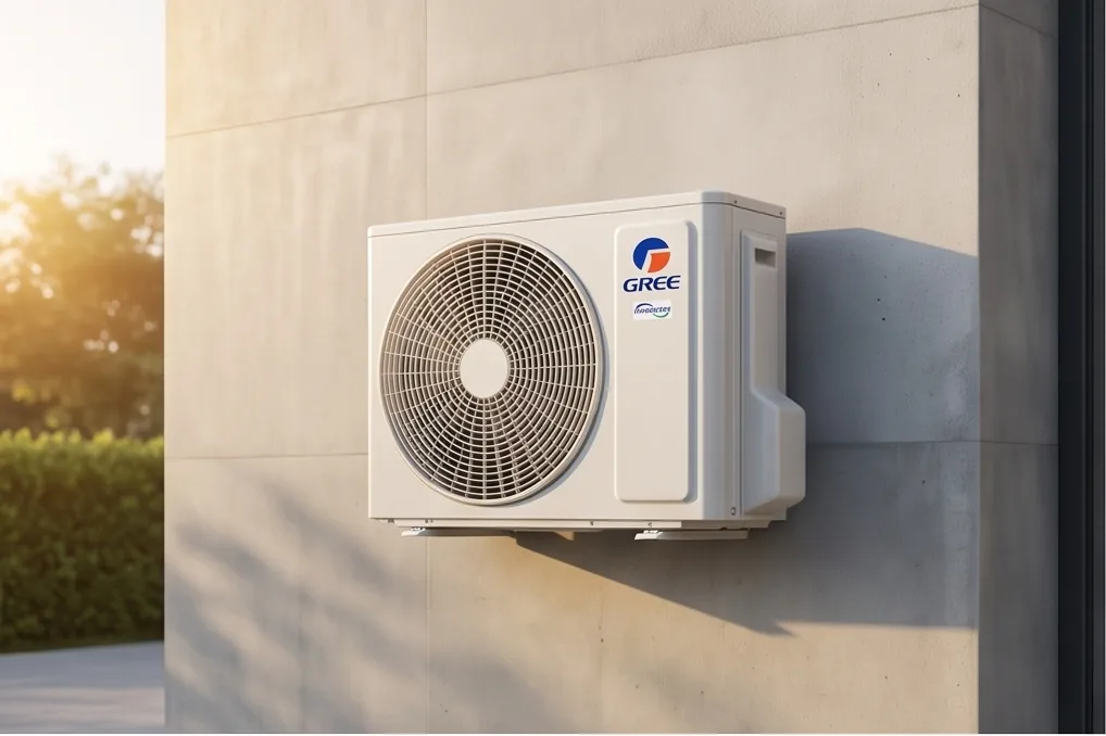 Unidade exterior Gree Inverter instalada numa fachada ao pôr do sol